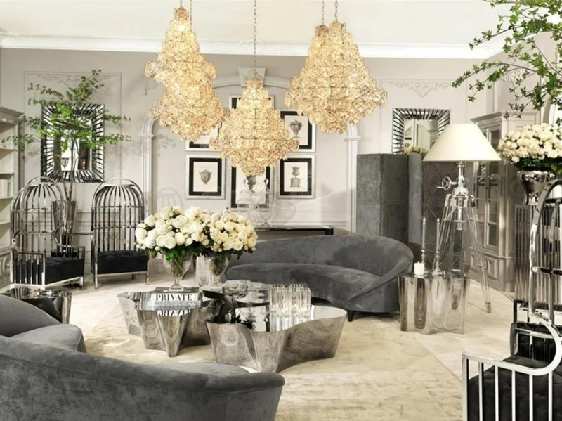 Casa Padrino Luxus Hängeleuchte im Barockstil - Metall, Glas, Nickel, Ø 60 x H 76 cm