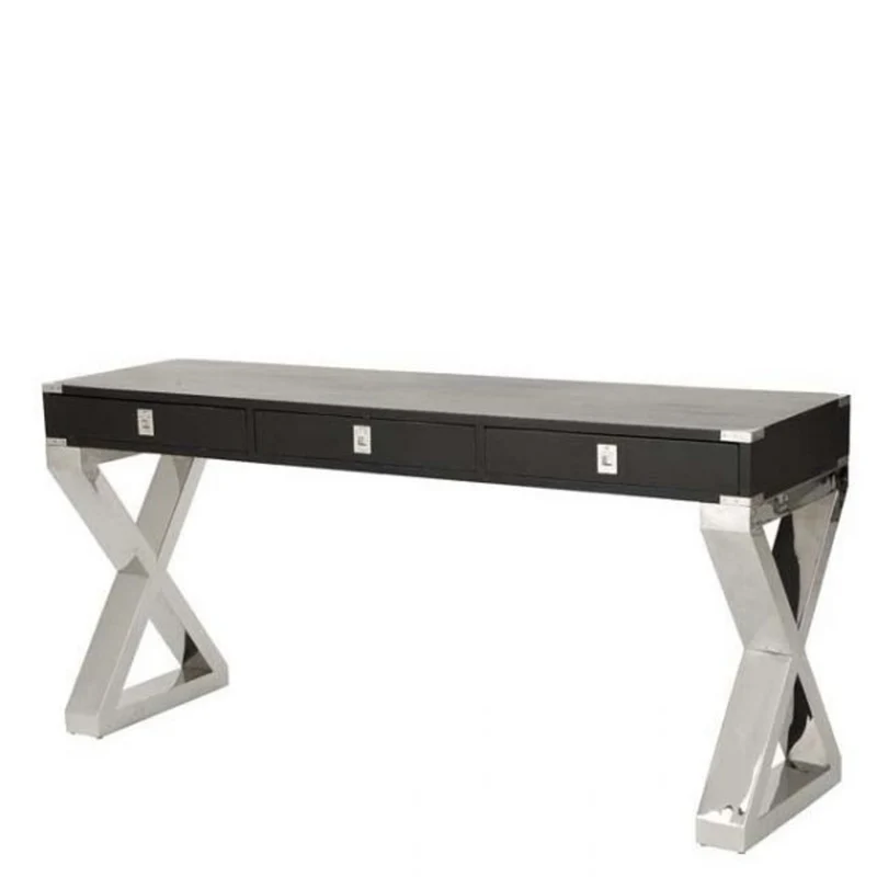 Casa Padrino Luxus Schreibtisch Schwarz / Edelstahl poliert - Schreibtisch in Schwarz und Edelstahl, 144 x 55 x H. 78 cm