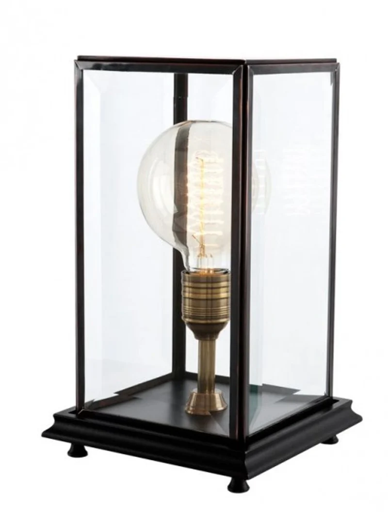 Casa Padrino Luxus Tischleuchte Schwarz - Edle Designer Lampe aus MDF, Glas und Messing - 22,5 x 22,5 x H. 37 cm