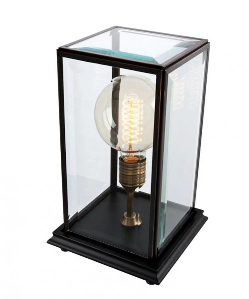 Casa Padrino Luxus Tischleuchte Schwarz - Edle Designer Lampe aus MDF, Glas und Messing - 22,5 x 22,5 x H. 37 cm