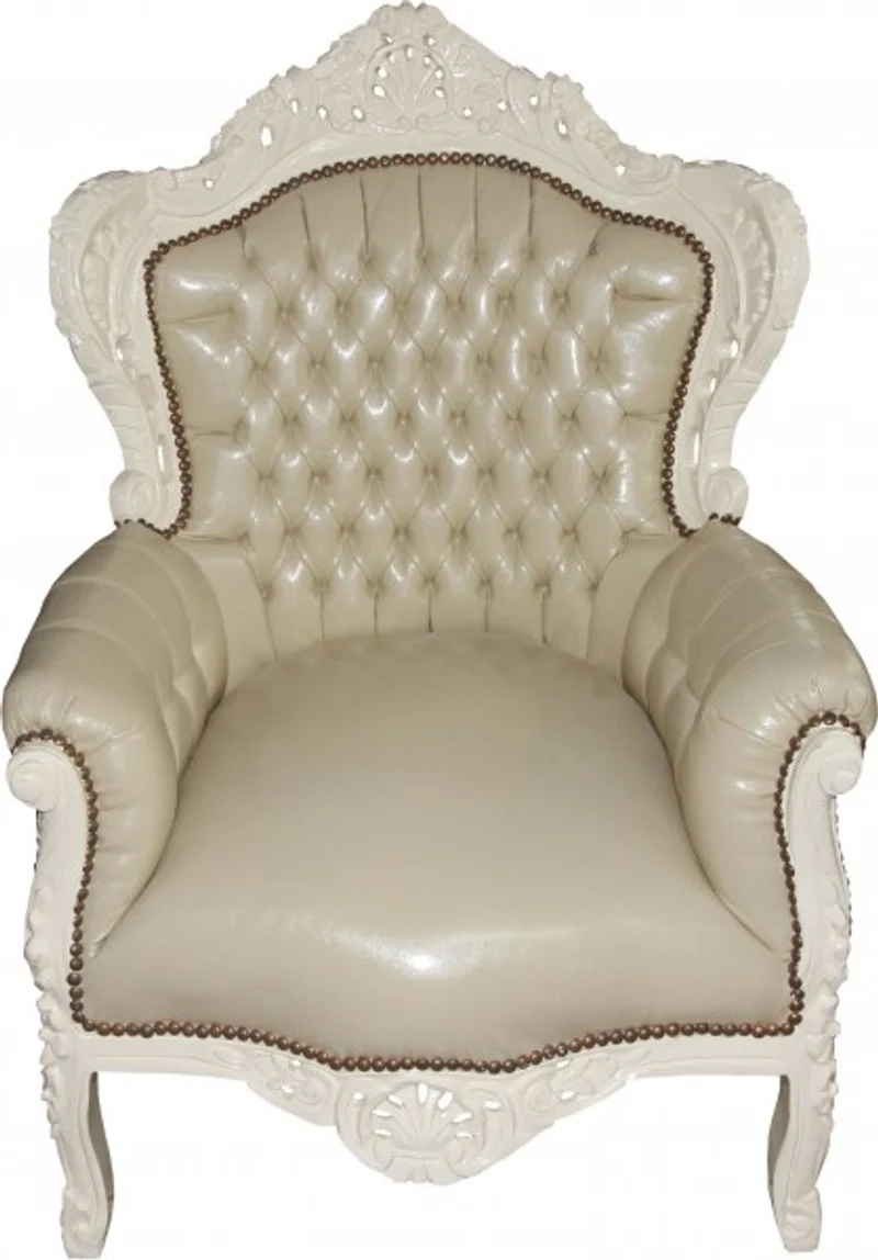 Casa Padrino Barock Sessel King im Antik Stil, Creme/Creme Lederoptik, Massivholz, 120 x 85 x 85 cm
