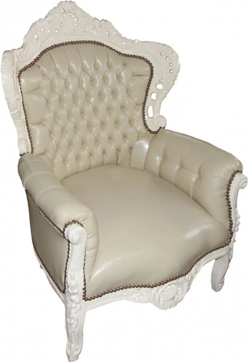 Casa Padrino Barock Sessel King im Antik Stil, Creme/Creme Lederoptik, Massivholz, 120 x 85 x 85 cm