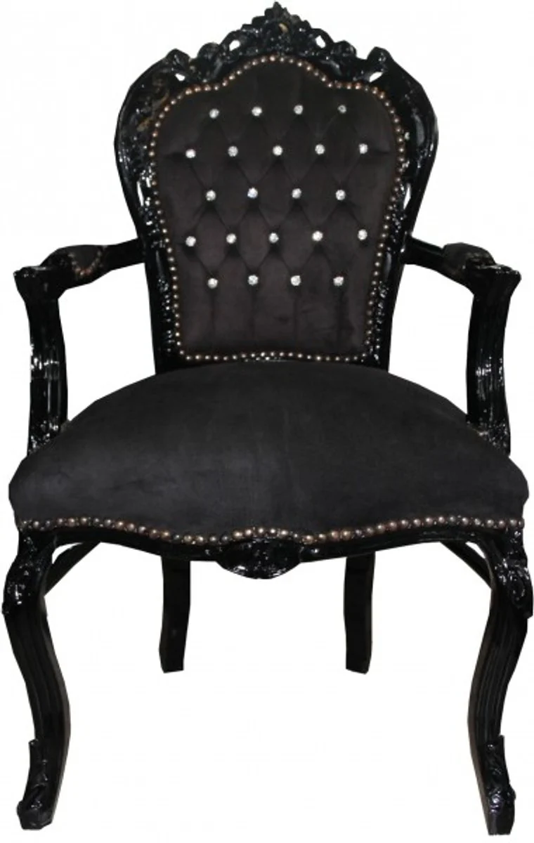 Casa Padrino Barock Esszimmer Stuhl Schwarz / Schwarz mit Armlehnen und Bling Bling Glitzersteinen - Limited Edition