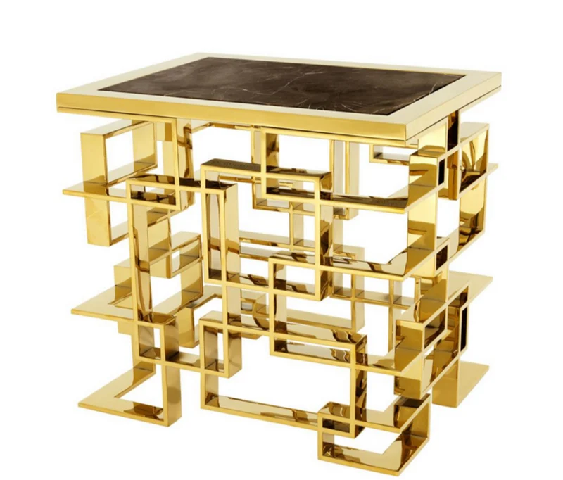 Casa Padrino Luxus Art Deco Designer Beistelltisch in Gold mit brauner Marmorplatte, 50 x 65 x H. 60 cm