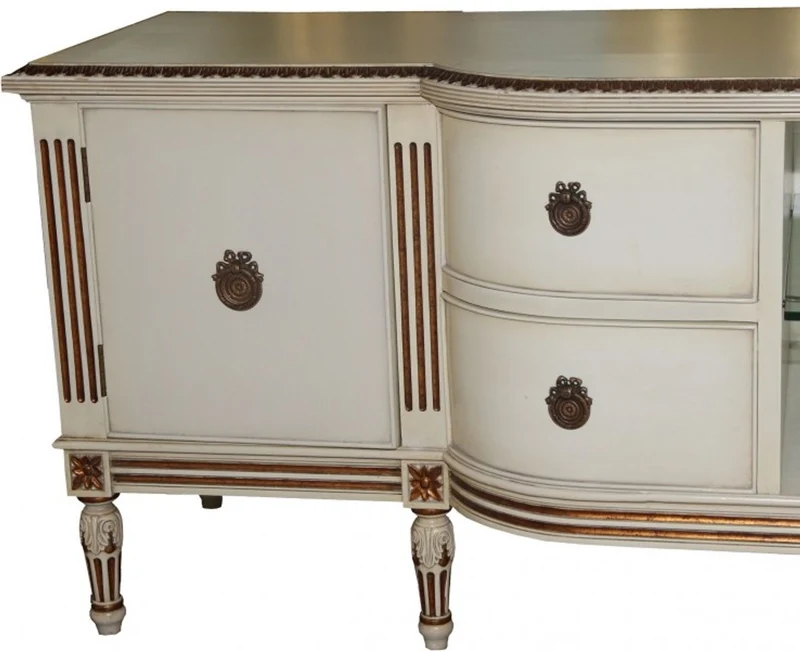 Casa Padrino Barock Fernsehkommode mit 4 Schubladen und 2 Türen Antik Creme/Gold 190 cm - Fernsehschrank - Sideboard - Massivholz