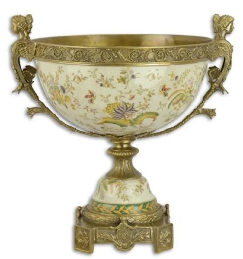 Casa Padrino Luxus Barock Porzellan Schale auf Sockel mit 2 Messing Griffen, weiß / bronze, 42 cm
