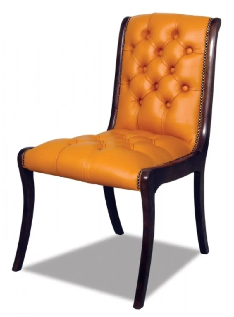Casa Padrino Echtleder Esszimmerstuhl Orange / Dunkelbraun 50 x 47 x H. 95 cm - Luxus Möbel