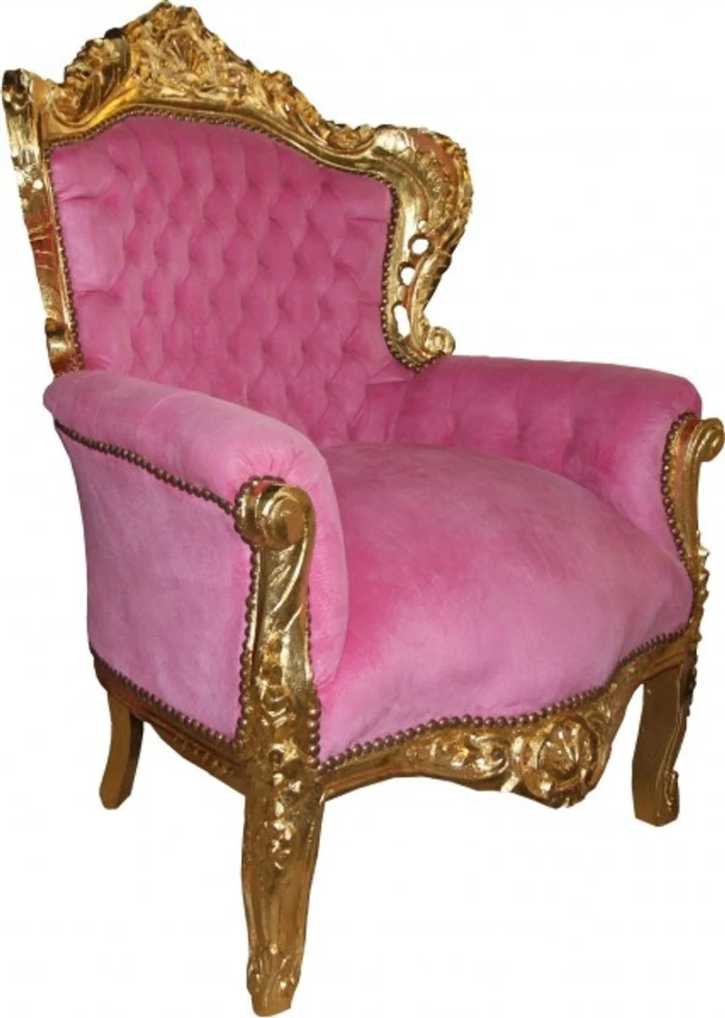 Casa Padrino Barock Sessel King Rosa / Gold, handgefertigter Luxus Sessel aus Massivholz, 120 x 85 x 85 cm