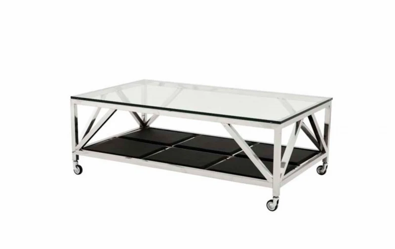 Casa Padrino Luxus Art Deco Designer Couchtisch - 140 x 80 x H. 50 cm - Wohnzimmertisch in poliertem Edelstahl und schwarzer Lederoptik