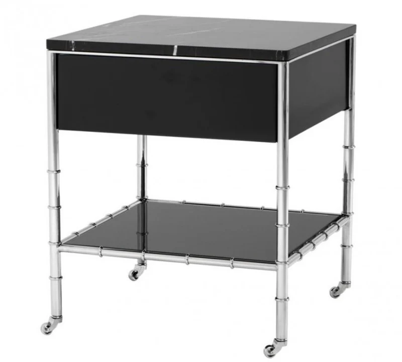 Casa Padrino Luxus Art Deco Beistelltisch mit Marmor und Rauchglas, polierter Stahl, 50 x 50 x H. 60 cm