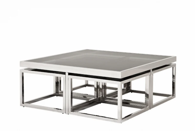 Casa Padrino Luxus Art Deco Designer Couchtisch 5er Set - Rauchglas - Polierter rostfreier Stahl - 100 x 100 x H. 40 cm / 48 x 48 x H. 33 cm