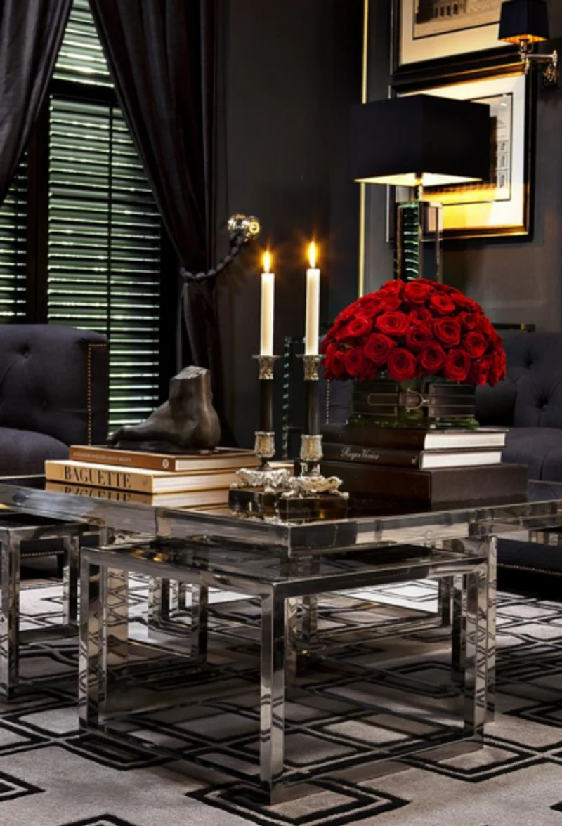 Casa Padrino Luxus Art Deco Designer Couchtisch 5er Set - Rauchglas - Polierter rostfreier Stahl - 100 x 100 x H. 40 cm / 48 x 48 x H. 33 cm