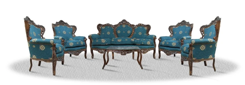 Casa Padrino Barock Sofa Set 3er Sofa 4 Sessel und Tisch mit Glasplatte - Antik Möbel