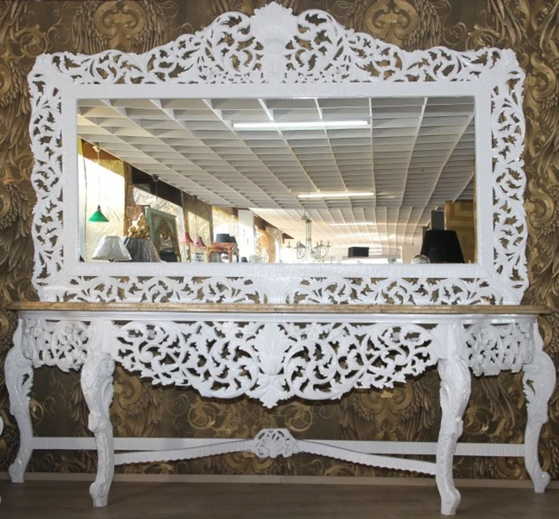 Casa Padrino Barock Spiegelkonsole Weiß mit cremefarbener Marmorplatte - Luxus Wohnzimmer Möbel Konsole 285 cm mit Spiegel 270 cm
