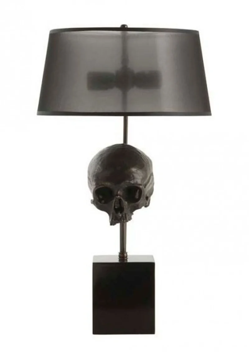 Casa Padrino Luxus Tischleuchte im Antik Messing Design mit Totenkopf Elementen in Schwarz 13 x 35 x H 60-77 cm