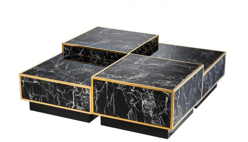 Casa Padrino Art Deco Luxus Couchtisch Set aus Kunstmarmor in Schwarz und Gold Finish 4-teilig