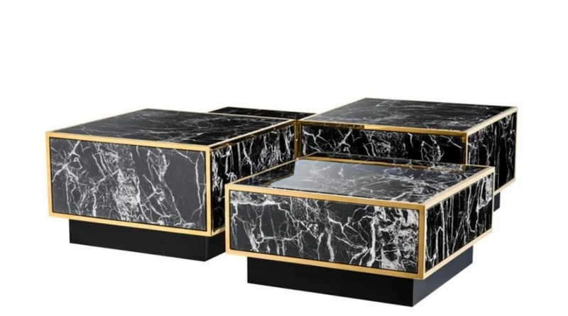 Casa Padrino Art Deco Luxus Couchtisch Set aus Kunstmarmor in Schwarz und Gold Finish 4-teilig
